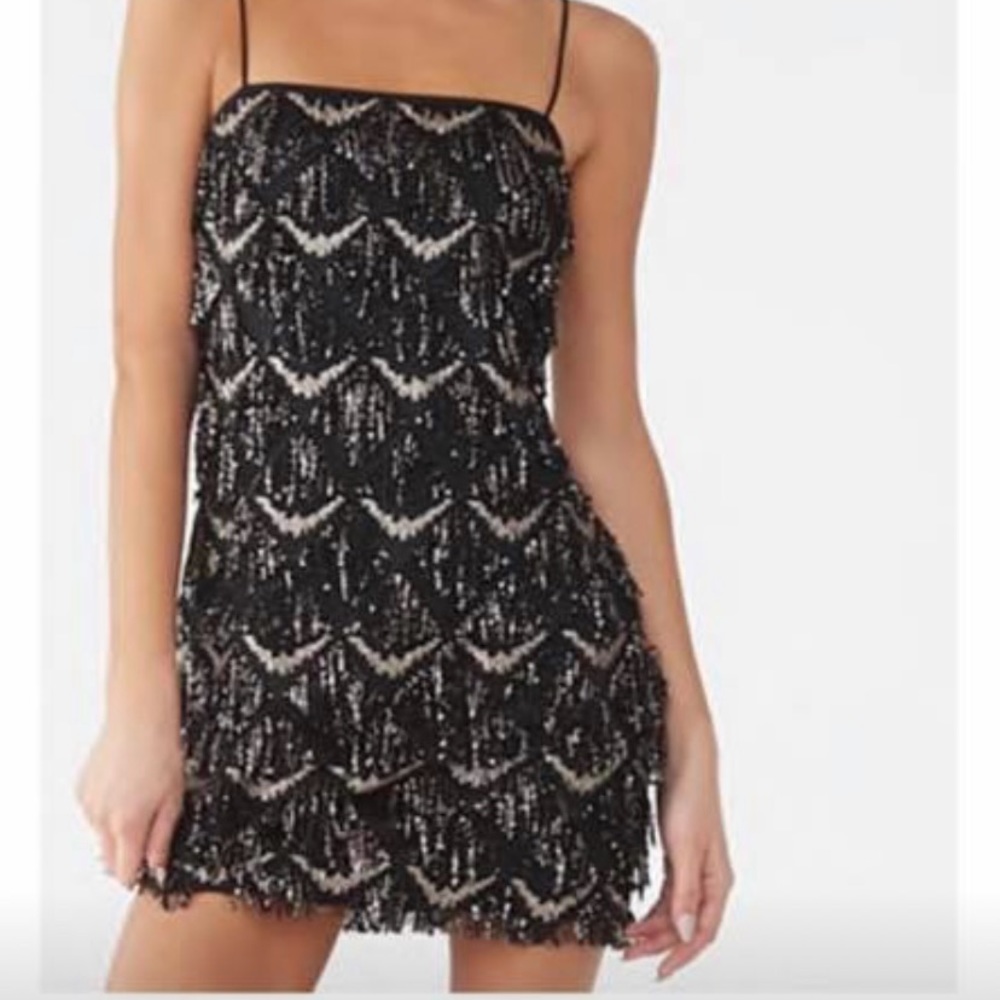Black and Gold Sequin Fringe Mini Dress